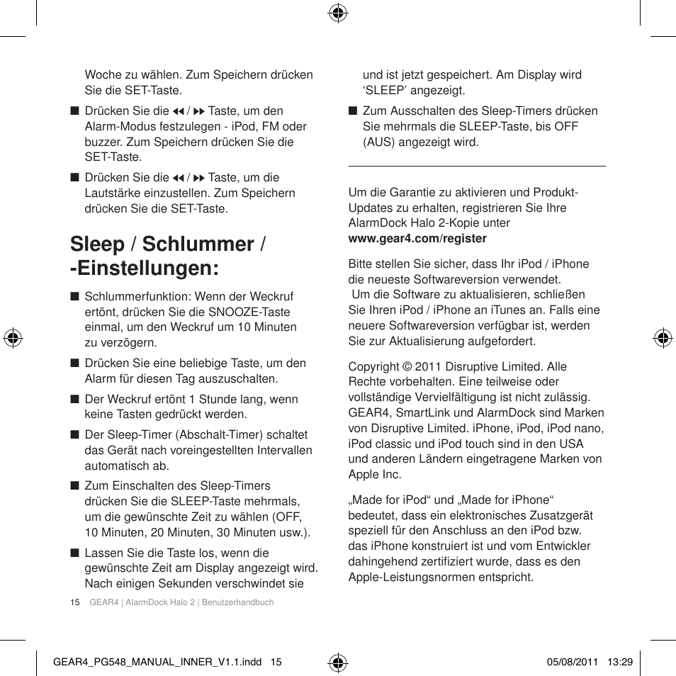 Sleep / schlummer / -einstellungen | GEAR4 AlarmDock Halo 2 User Manual | Page 18 / 62