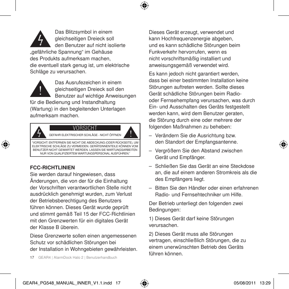 Vorsicht | GEAR4 AlarmDock Halo 2 User Manual | Page 20 / 62