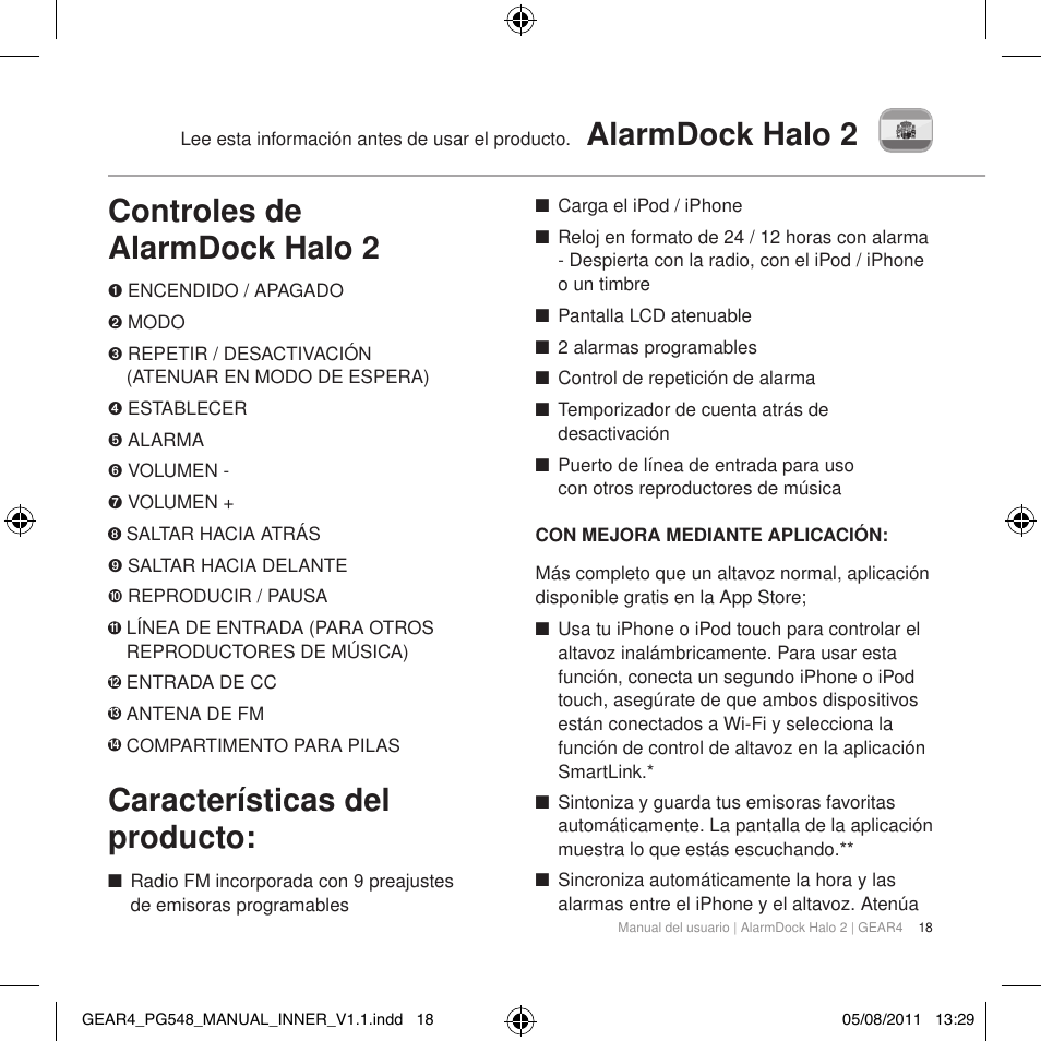 Alarmdock halo 2 controles de alarmdock halo 2, Características del producto | GEAR4 AlarmDock Halo 2 User Manual | Page 21 / 62