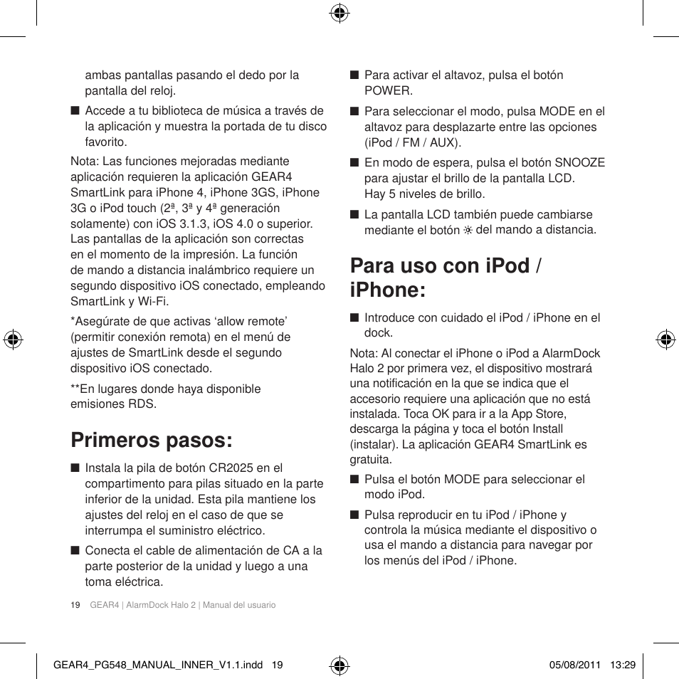 Primeros pasos, Para uso con ipod / iphone | GEAR4 AlarmDock Halo 2 User Manual | Page 22 / 62