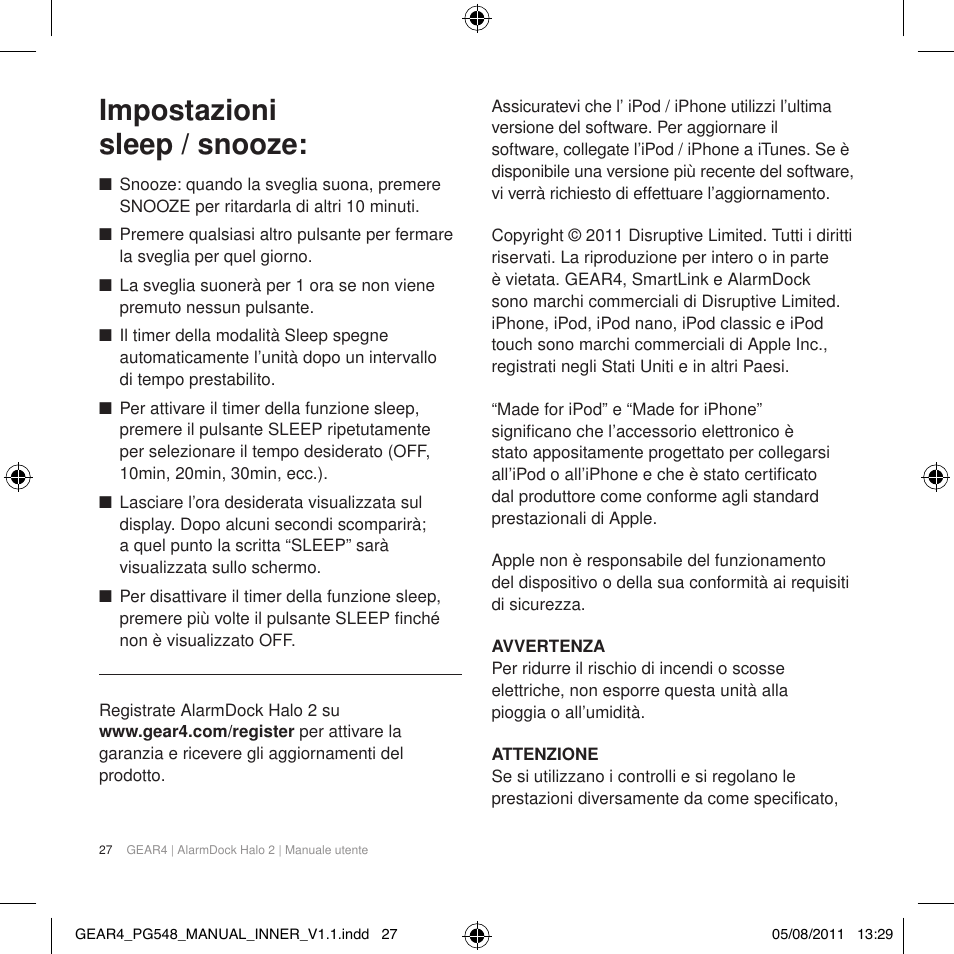 Impostazioni sleep / snooze | GEAR4 AlarmDock Halo 2 User Manual | Page 30 / 62