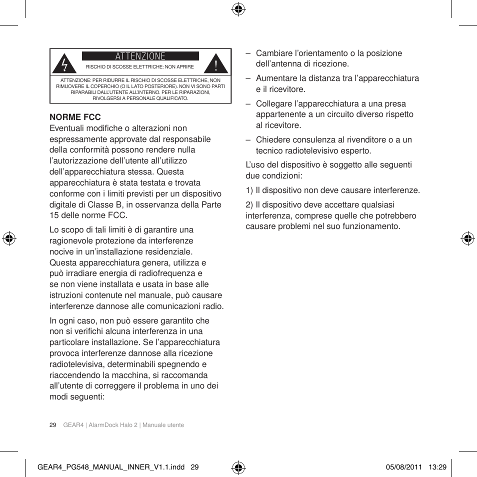 Attenzione | GEAR4 AlarmDock Halo 2 User Manual | Page 32 / 62