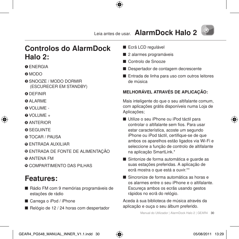 Alarmdock halo 2 controlos do alarmdock halo 2, Features | GEAR4 AlarmDock Halo 2 User Manual | Page 33 / 62