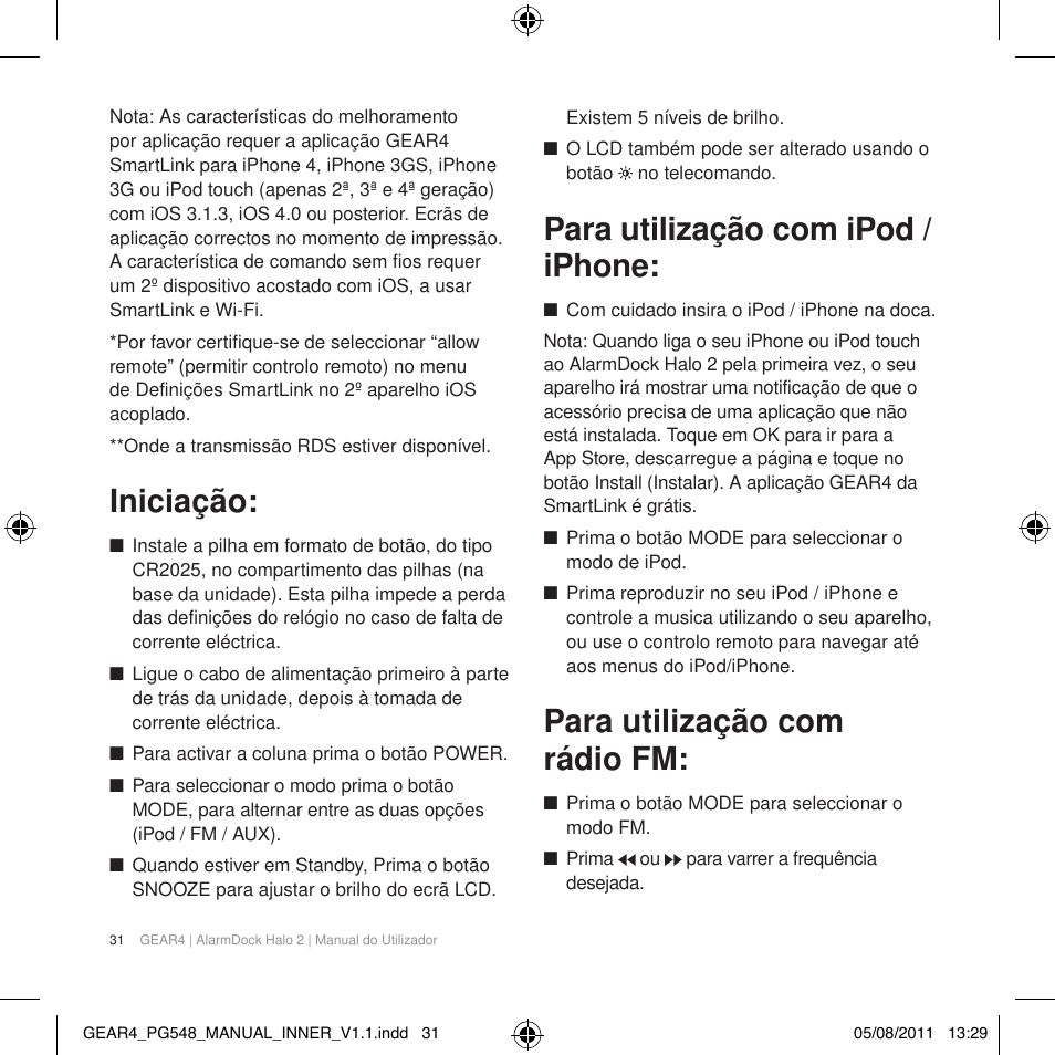 Iniciação, Para utilização com ipod / iphone, Para utilização com rádio fm | GEAR4 AlarmDock Halo 2 User Manual | Page 34 / 62