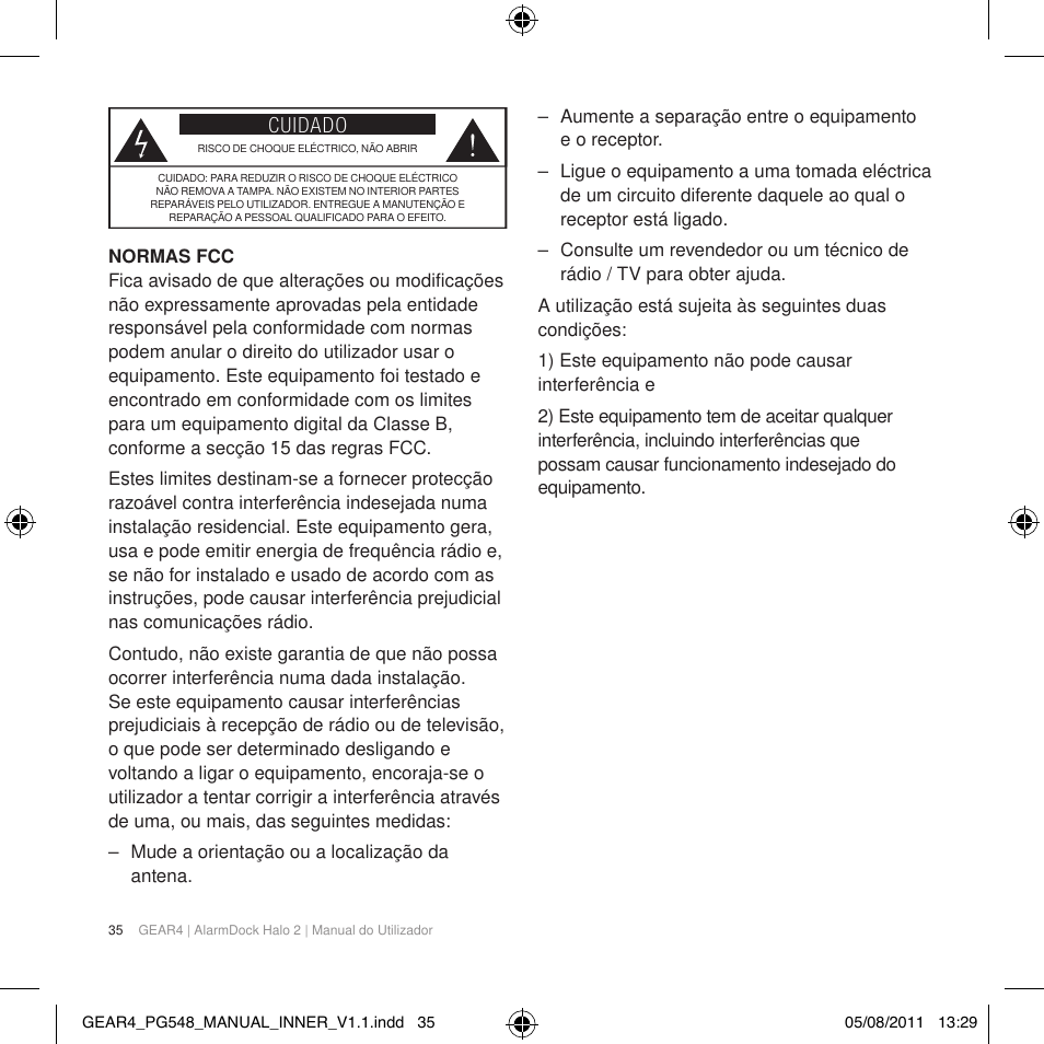 Cuidado | GEAR4 AlarmDock Halo 2 User Manual | Page 38 / 62