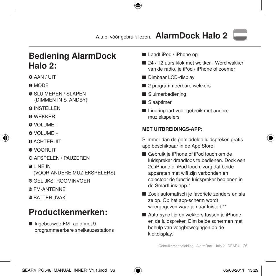 Alarmdock halo 2 bediening alarmdock halo 2, Productkenmerken | GEAR4 AlarmDock Halo 2 User Manual | Page 39 / 62