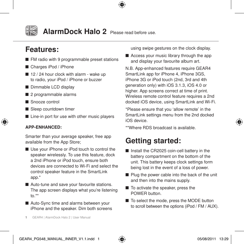 Alarmdock halo 2, Features, Getting started | GEAR4 AlarmDock Halo 2 User Manual | Page 4 / 62