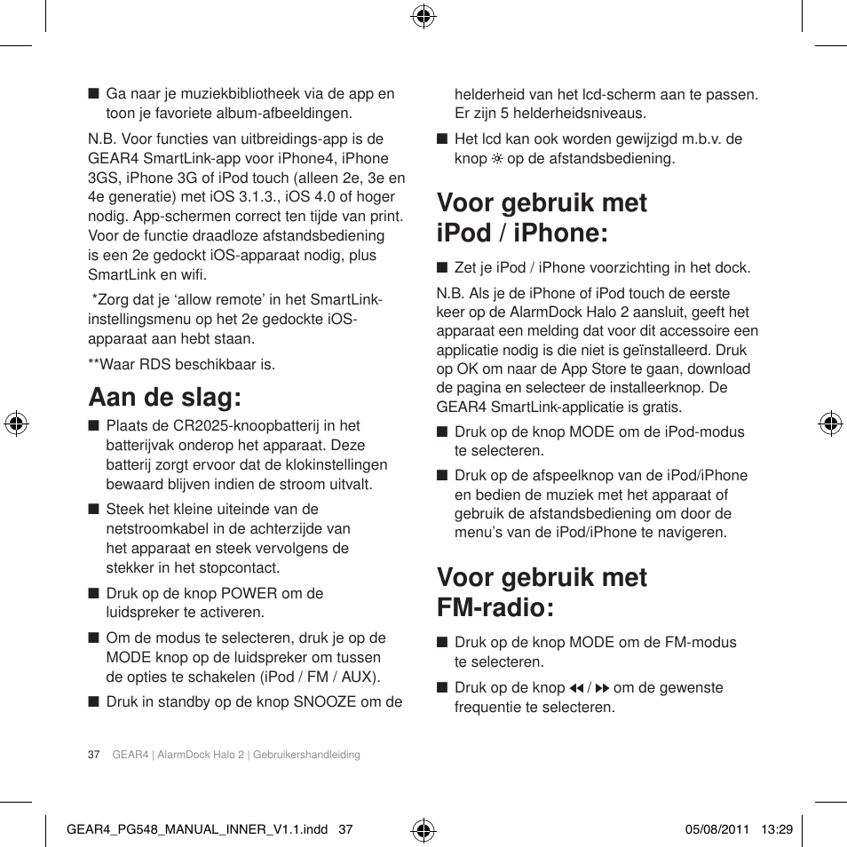 Aan de slag, Voor gebruik met ipod / iphone, Voor gebruik met fm-radio | GEAR4 AlarmDock Halo 2 User Manual | Page 40 / 62