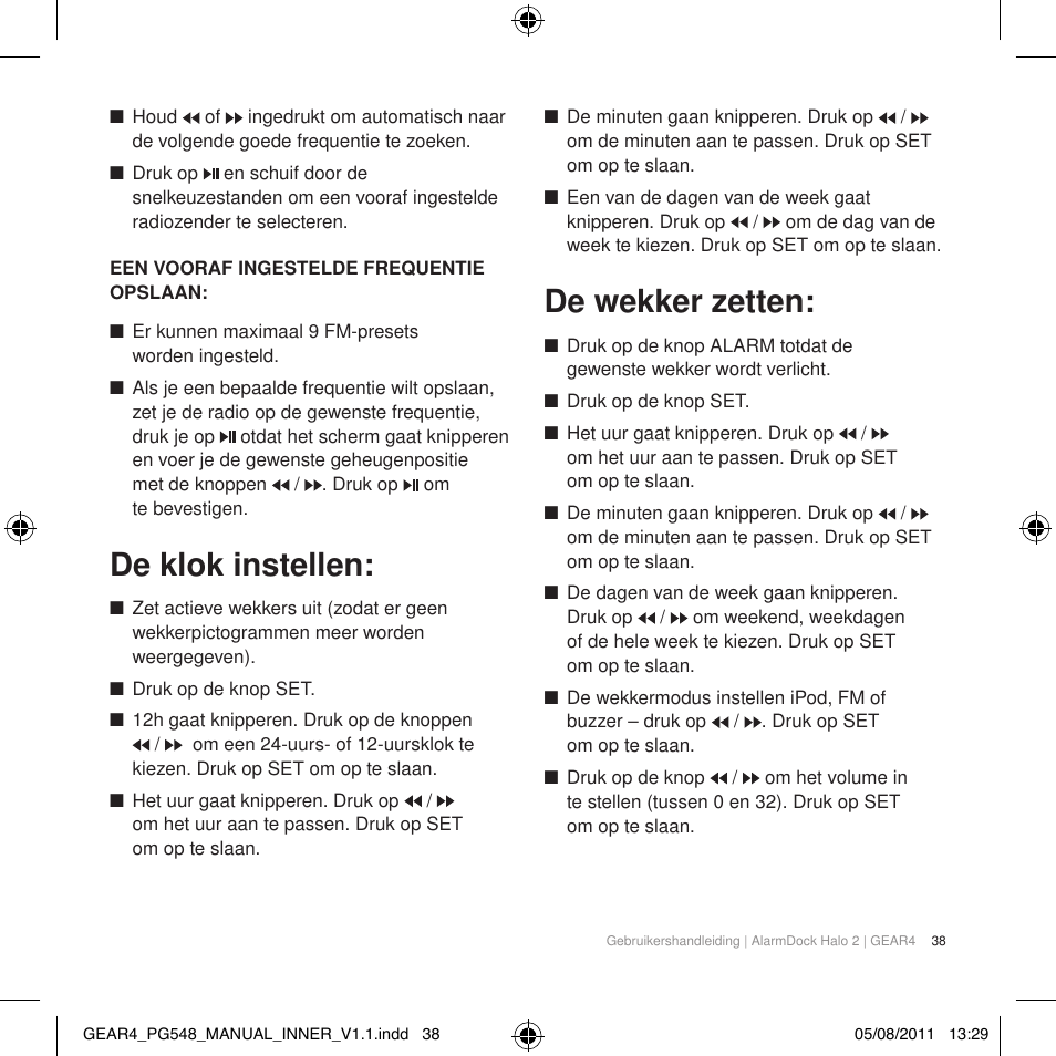 De klok instellen, De wekker zetten | GEAR4 AlarmDock Halo 2 User Manual | Page 41 / 62
