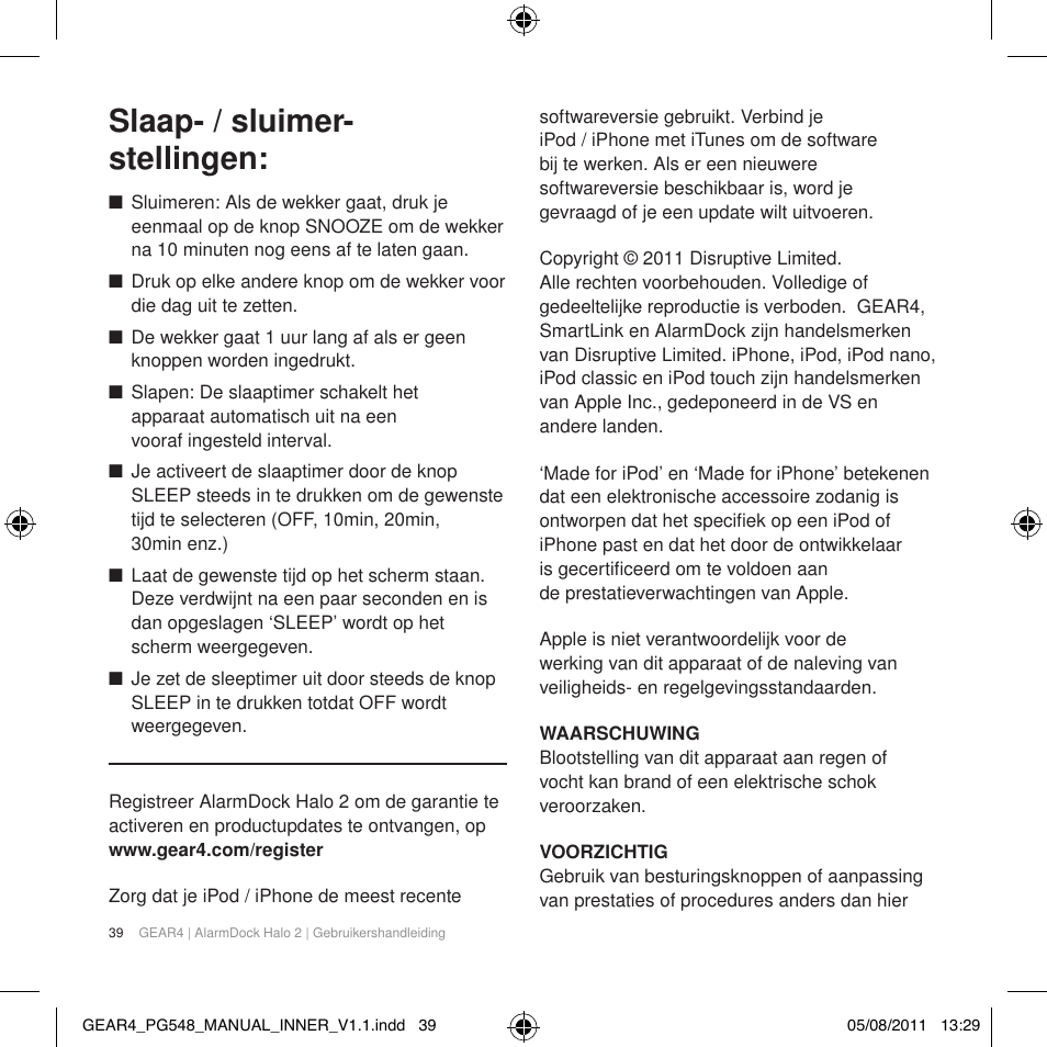 Slaap- / sluimer- stellingen | GEAR4 AlarmDock Halo 2 User Manual | Page 42 / 62