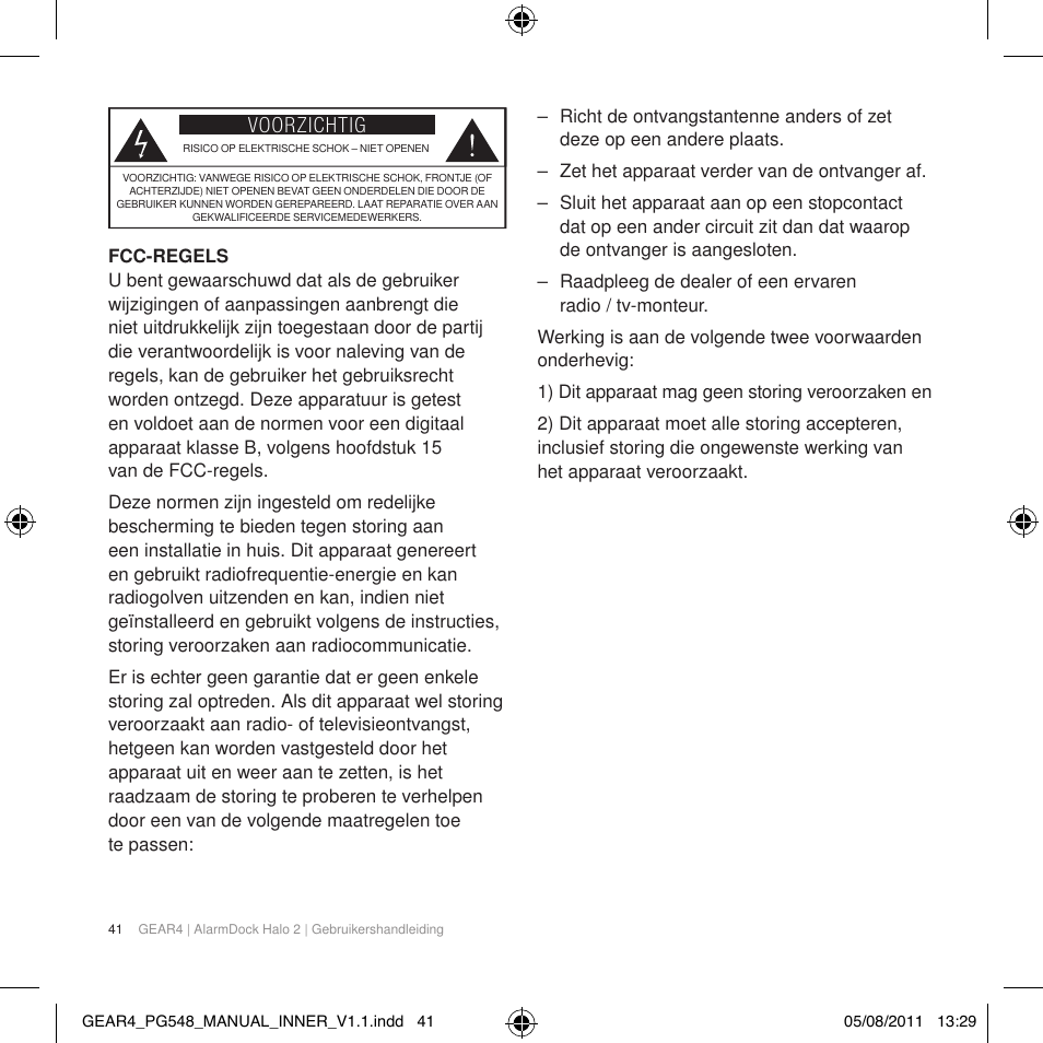 Voorzichtig | GEAR4 AlarmDock Halo 2 User Manual | Page 44 / 62