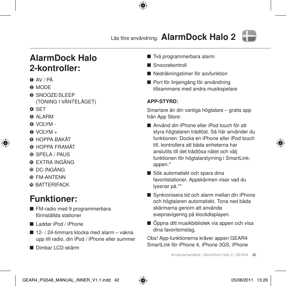 Alarmdock halo 2 alarmdock halo 2-kontroller, Funktioner | GEAR4 AlarmDock Halo 2 User Manual | Page 45 / 62