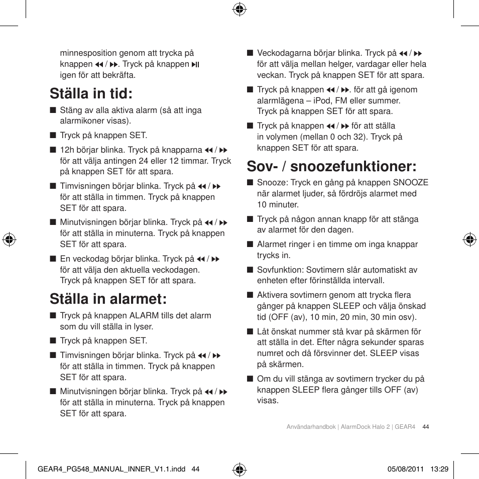 Ställa in tid, Ställa in alarmet, Sov- / snoozefunktioner | GEAR4 AlarmDock Halo 2 User Manual | Page 47 / 62