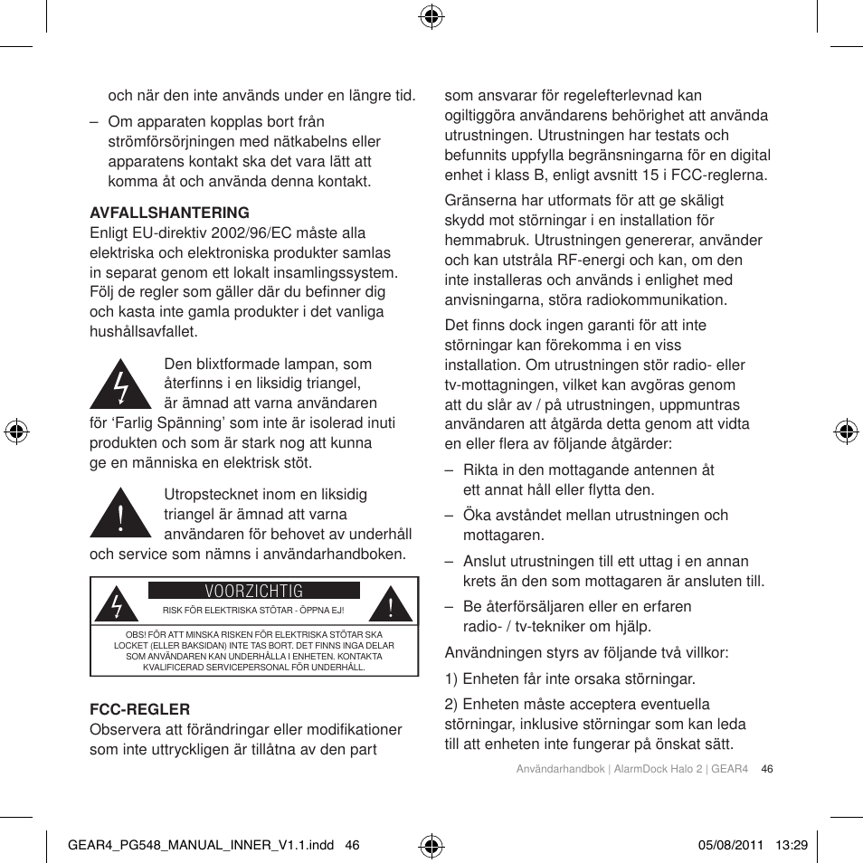 Voorzichtig | GEAR4 AlarmDock Halo 2 User Manual | Page 49 / 62