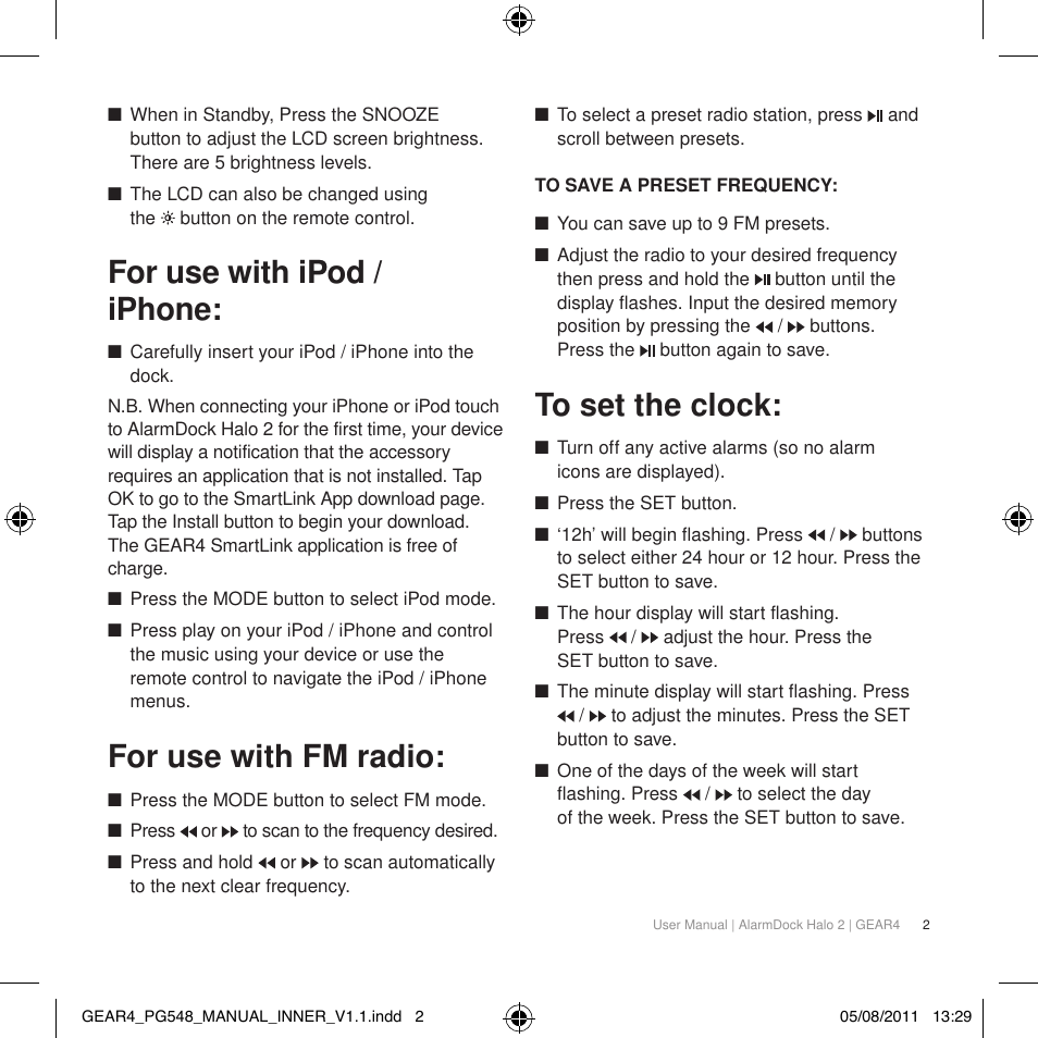 For use with ipod / iphone, For use with fm radio | GEAR4 AlarmDock Halo 2 User Manual | Page 5 / 62