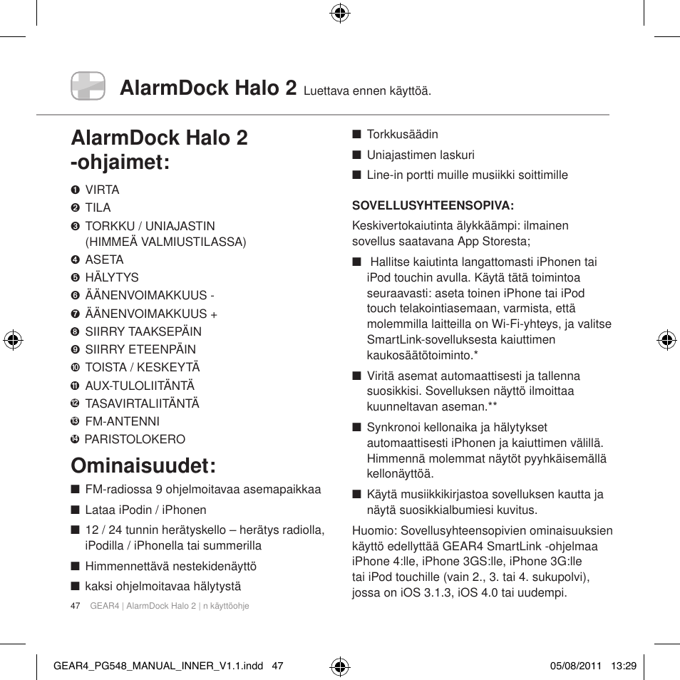 Alarmdock halo 2, Alarmdock halo 2 -ohjaimet, Ominaisuudet | GEAR4 AlarmDock Halo 2 User Manual | Page 50 / 62