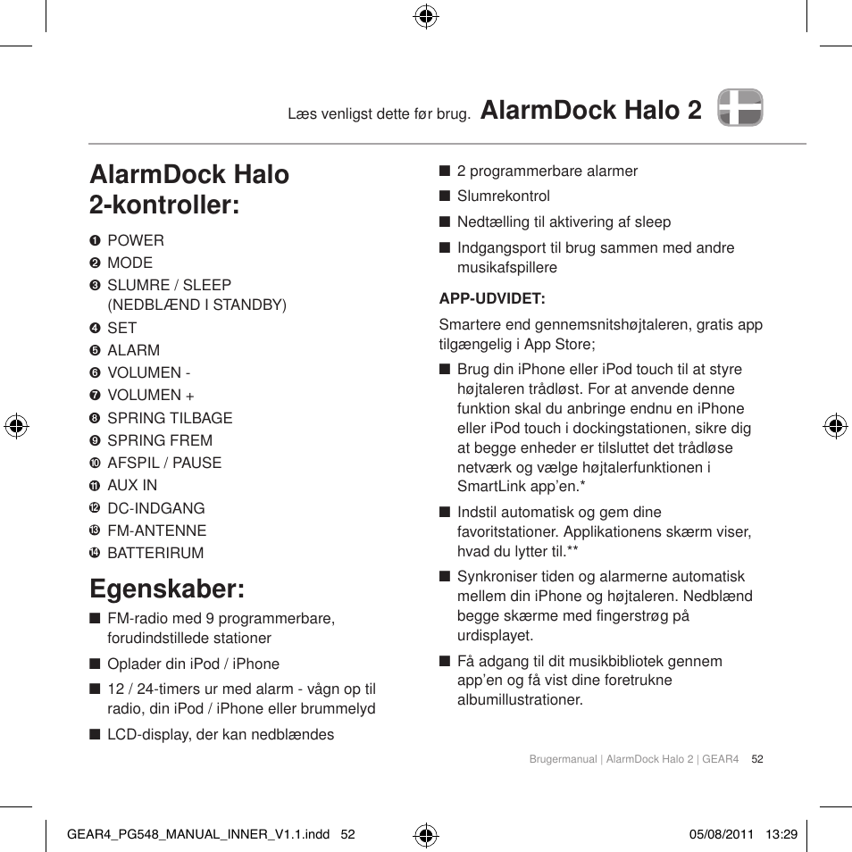 Alarmdock halo 2 alarmdock halo 2-kontroller, Egenskaber | GEAR4 AlarmDock Halo 2 User Manual | Page 55 / 62