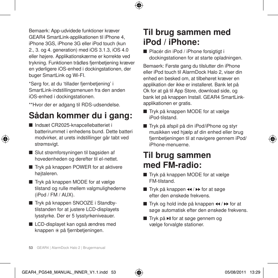 Sådan kommer du i gang, Til brug sammen med ipod / iphone, Til brug sammen med fm-radio | GEAR4 AlarmDock Halo 2 User Manual | Page 56 / 62