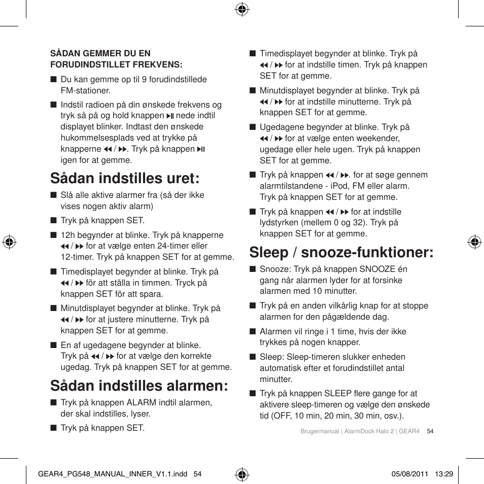 Sådan indstilles uret, Sådan indstilles alarmen, Sleep / snooze-funktioner | GEAR4 AlarmDock Halo 2 User Manual | Page 57 / 62