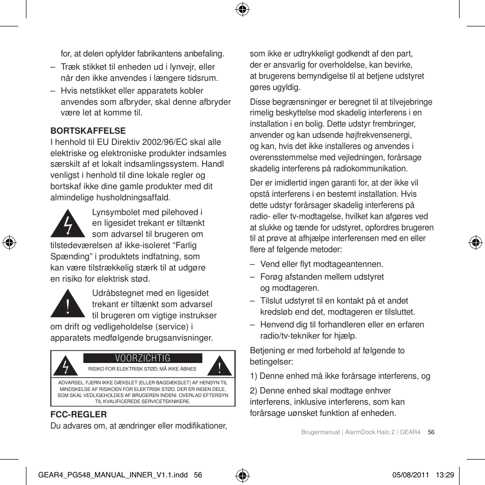 Voorzichtig | GEAR4 AlarmDock Halo 2 User Manual | Page 59 / 62