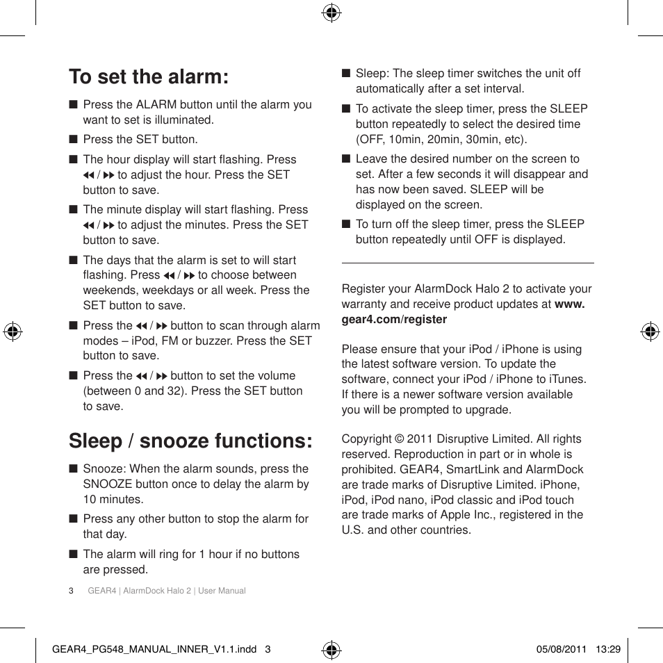 Sleep / snooze functions | GEAR4 AlarmDock Halo 2 User Manual | Page 6 / 62