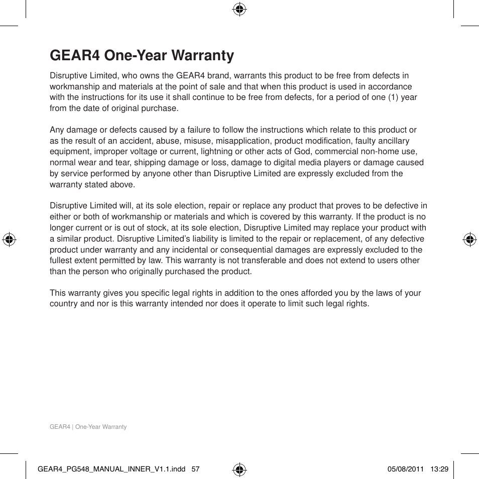 Gear4 one-year warranty | GEAR4 AlarmDock Halo 2 User Manual | Page 60 / 62