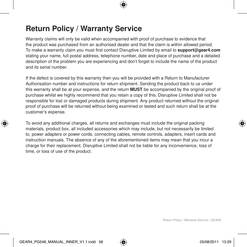 Return policy / warranty service | GEAR4 AlarmDock Halo 2 User Manual | Page 61 / 62