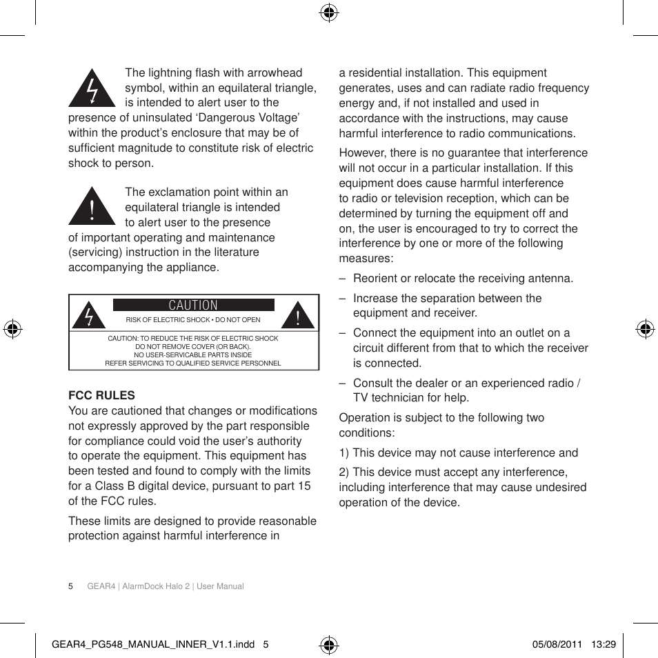 Caution | GEAR4 AlarmDock Halo 2 User Manual | Page 8 / 62