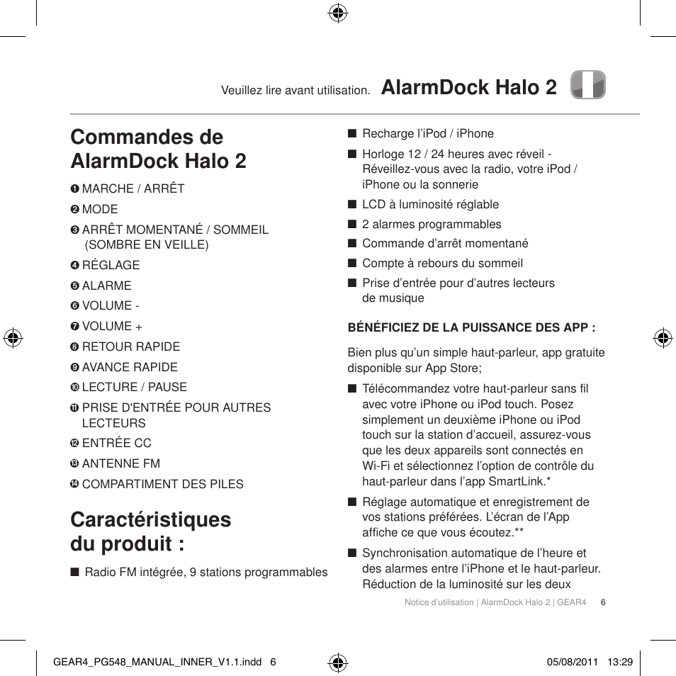 Alarmdock halo 2 commandes de alarmdock halo 2, Caractéristiques du produit | GEAR4 AlarmDock Halo 2 User Manual | Page 9 / 62