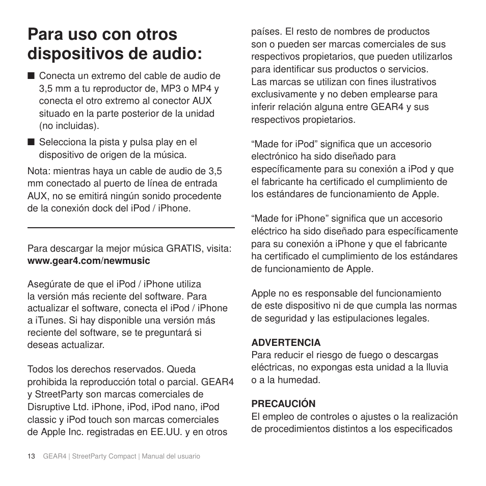 Para uso con otros dispositivos de audio | GEAR4 StreetParty Compact User Manual | Page 18 / 44