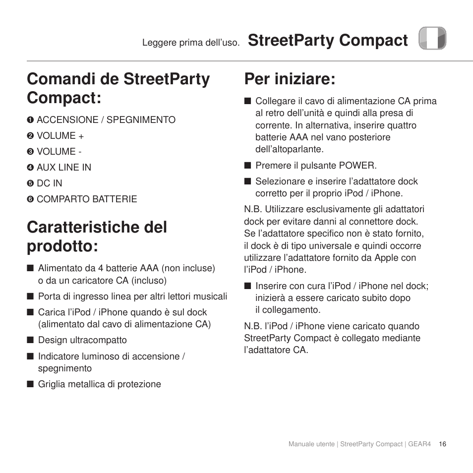 Streetparty compact comandi de streetparty compact, Caratteristiche del prodotto, Per iniziare | GEAR4 StreetParty Compact User Manual | Page 21 / 44