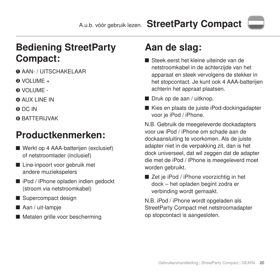 Streetparty compact bediening streetparty compact, Productkenmerken, Aan de slag | GEAR4 StreetParty Compact User Manual | Page 25 / 44