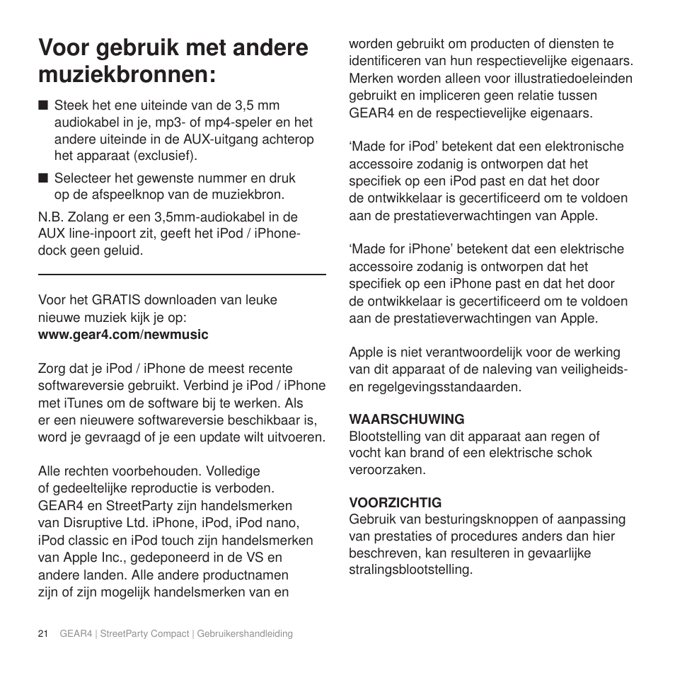 Voor gebruik met andere muziekbronnen | GEAR4 StreetParty Compact User Manual | Page 26 / 44