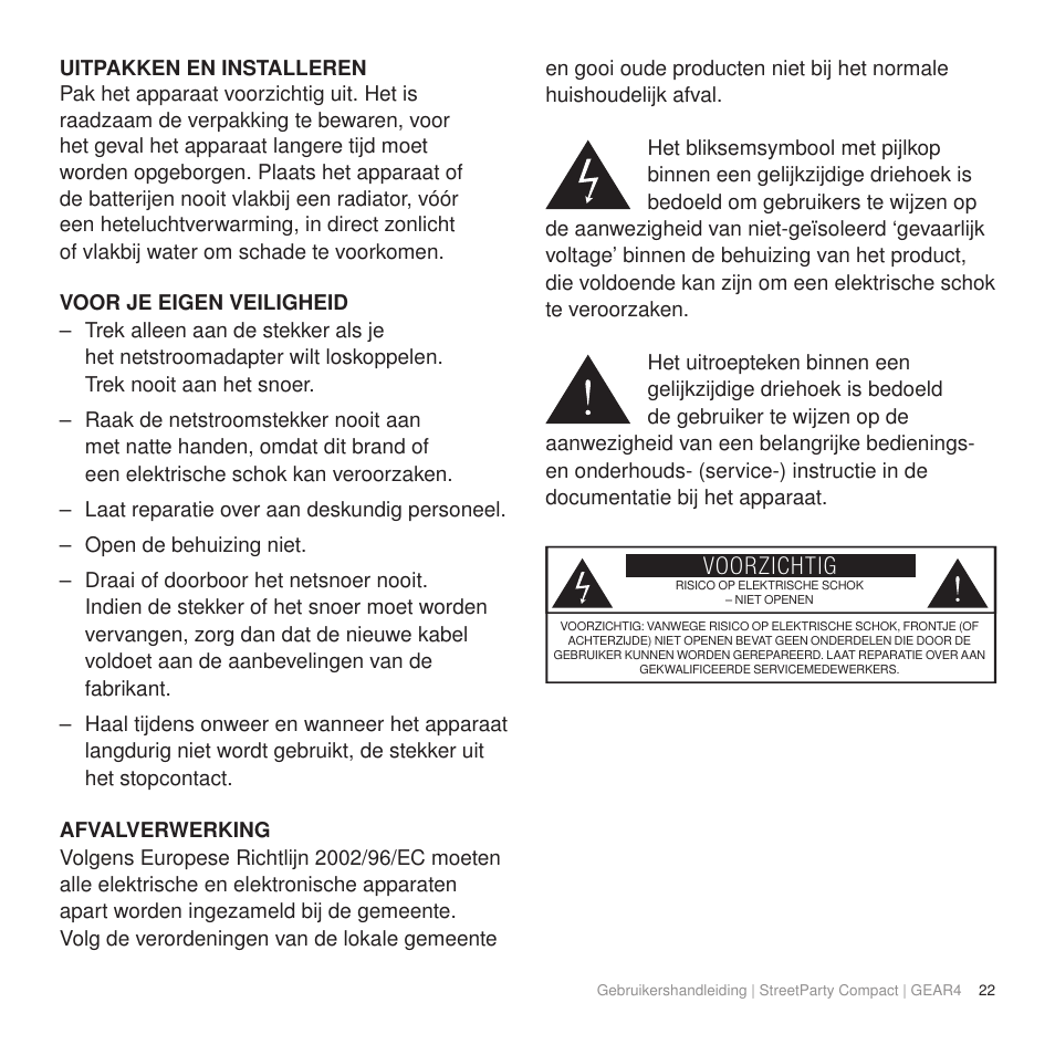 Voorzichtig | GEAR4 StreetParty Compact User Manual | Page 27 / 44