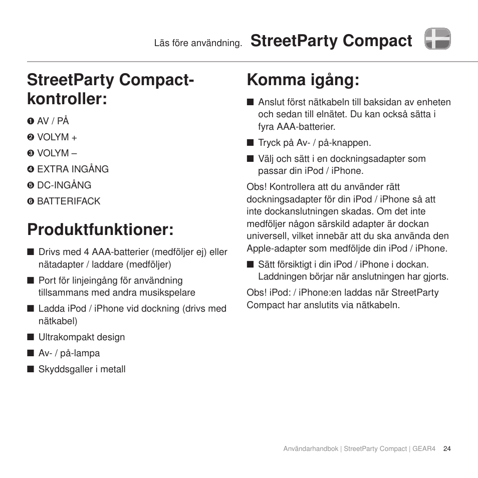 Produktfunktioner, Komma igång | GEAR4 StreetParty Compact User Manual | Page 29 / 44