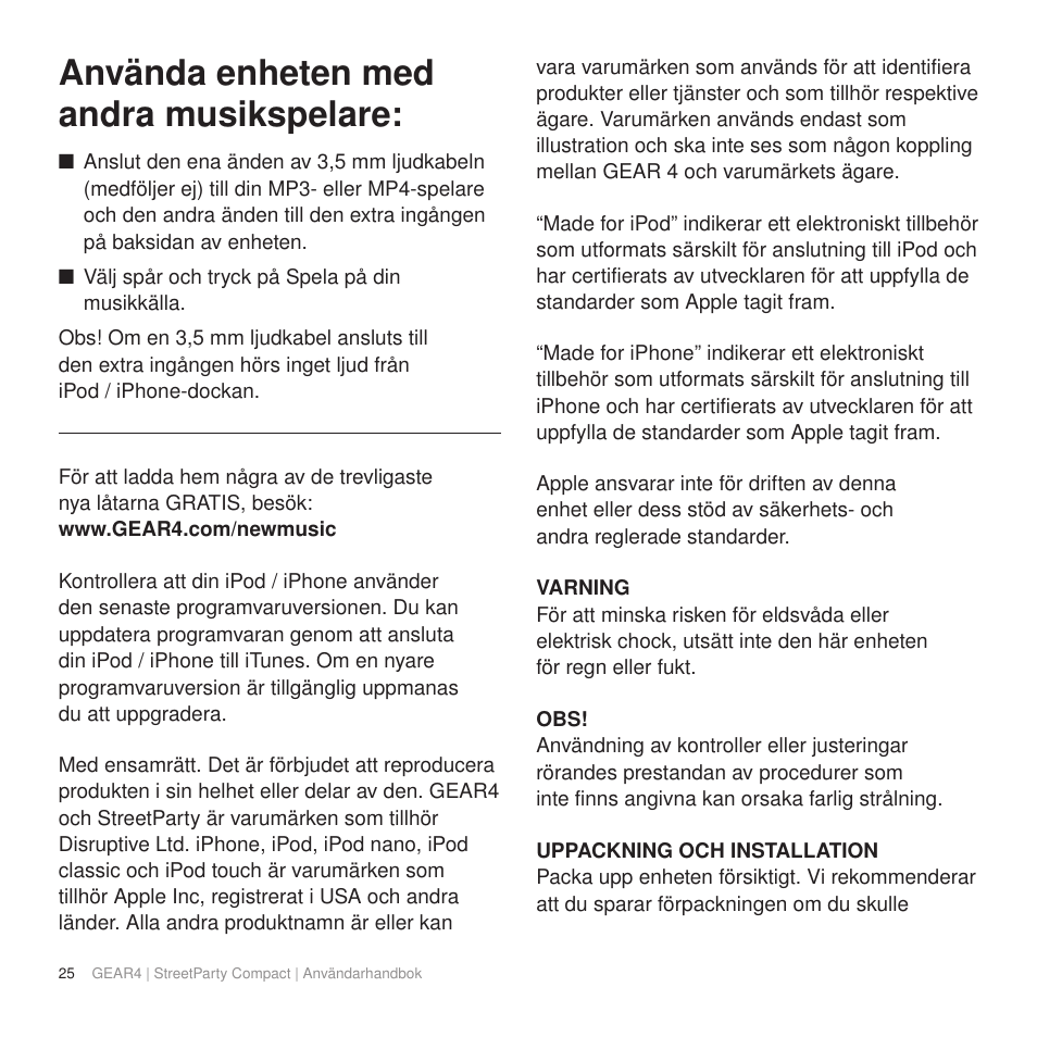 Använda enheten med andra musikspelare | GEAR4 StreetParty Compact User Manual | Page 30 / 44