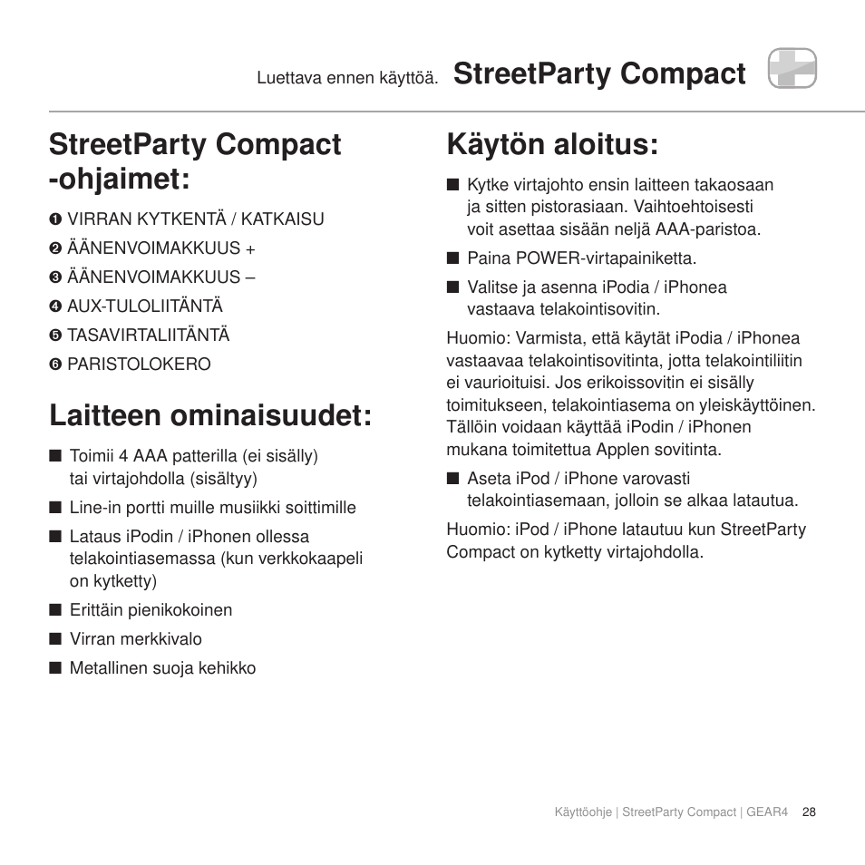 Streetparty compact, Streetparty compact -ohjaimet, Laitteen ominaisuudet | Käytön aloitus | GEAR4 StreetParty Compact User Manual | Page 33 / 44