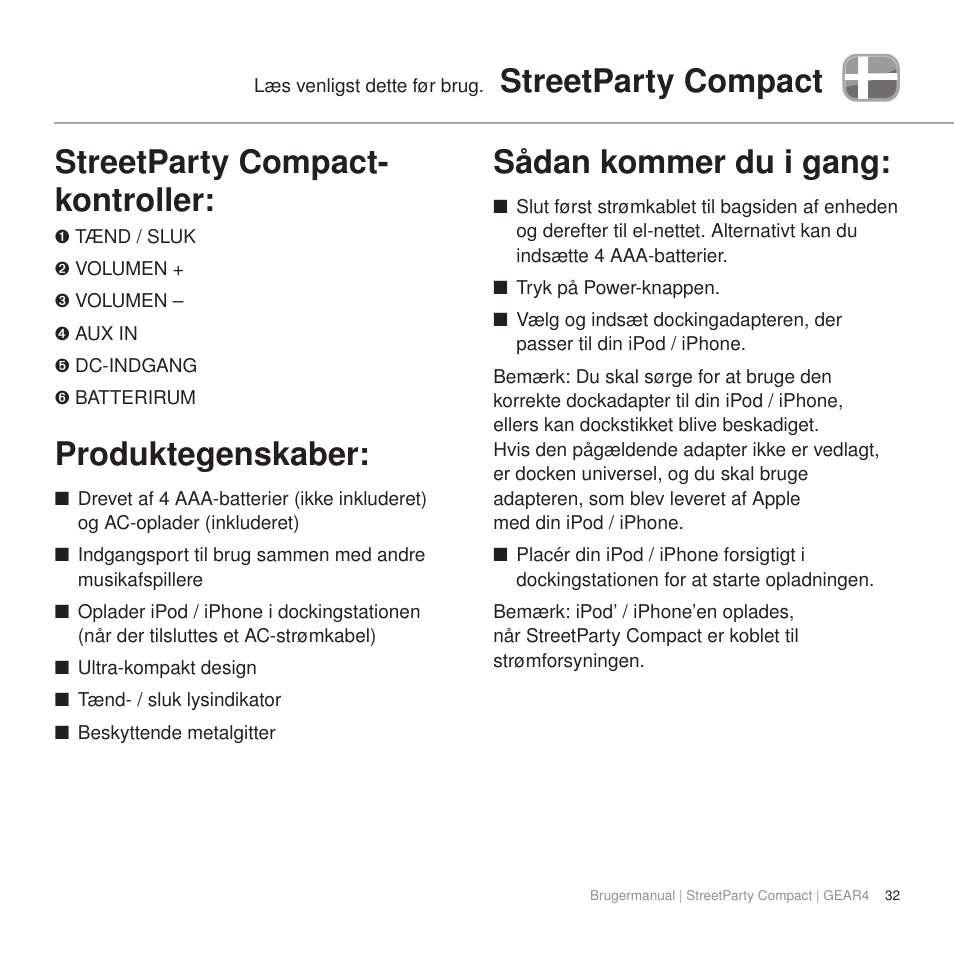 Produktegenskaber, Sådan kommer du i gang | GEAR4 StreetParty Compact User Manual | Page 37 / 44