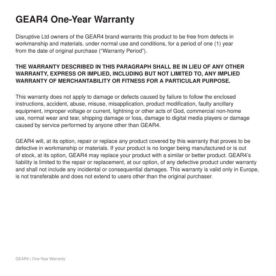 Gear4 one-year warranty | GEAR4 StreetParty Compact User Manual | Page 41 / 44