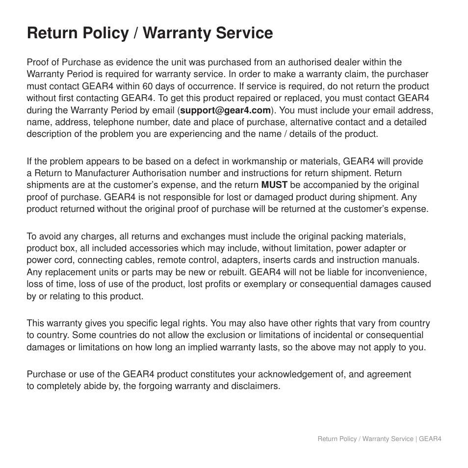 Return policy / warranty service | GEAR4 StreetParty Compact User Manual | Page 42 / 44