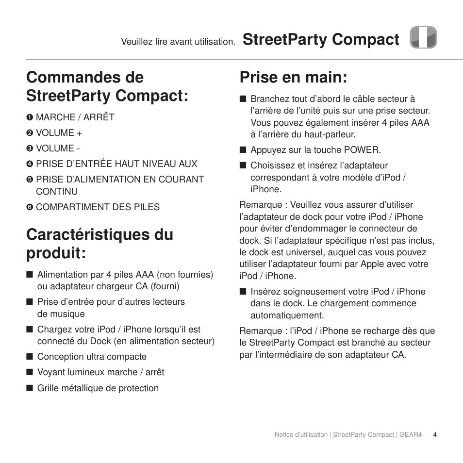 Caractéristiques du produit, Prise en main | GEAR4 StreetParty Compact User Manual | Page 9 / 44