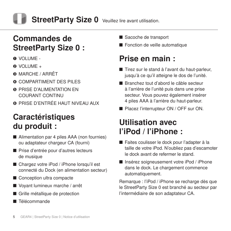 Streetparty size 0, Commandes de streetparty size 0, Caractéristiques du produit | Prise en main, Utilisation avec l’ipod / l’iphone | GEAR4 StreetParty Size 0 User Manual | Page 10 / 45