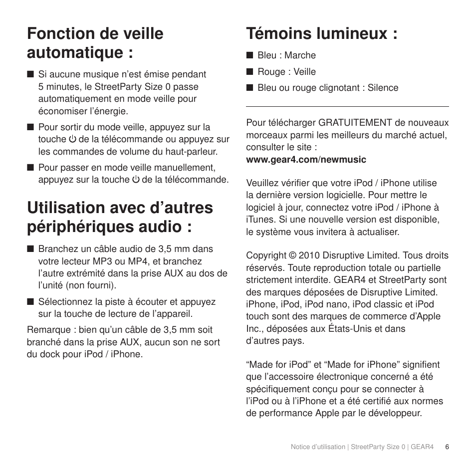 Fonction de veille automatique, Utilisation avec d’autres périphériques audio, Témoins lumineux | GEAR4 StreetParty Size 0 User Manual | Page 11 / 45
