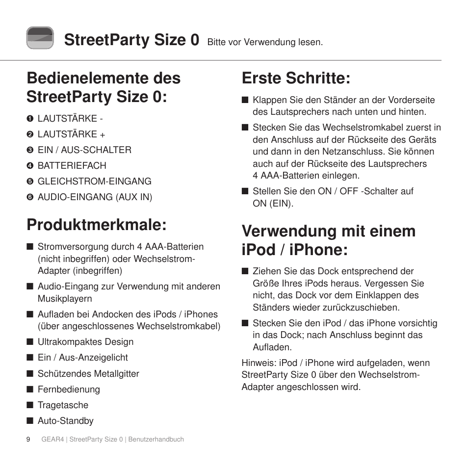 Streetparty size 0, Bedienelemente des streetparty size 0, Produktmerkmale | Erste schritte, Verwendung mit einem ipod / iphone | GEAR4 StreetParty Size 0 User Manual | Page 14 / 45