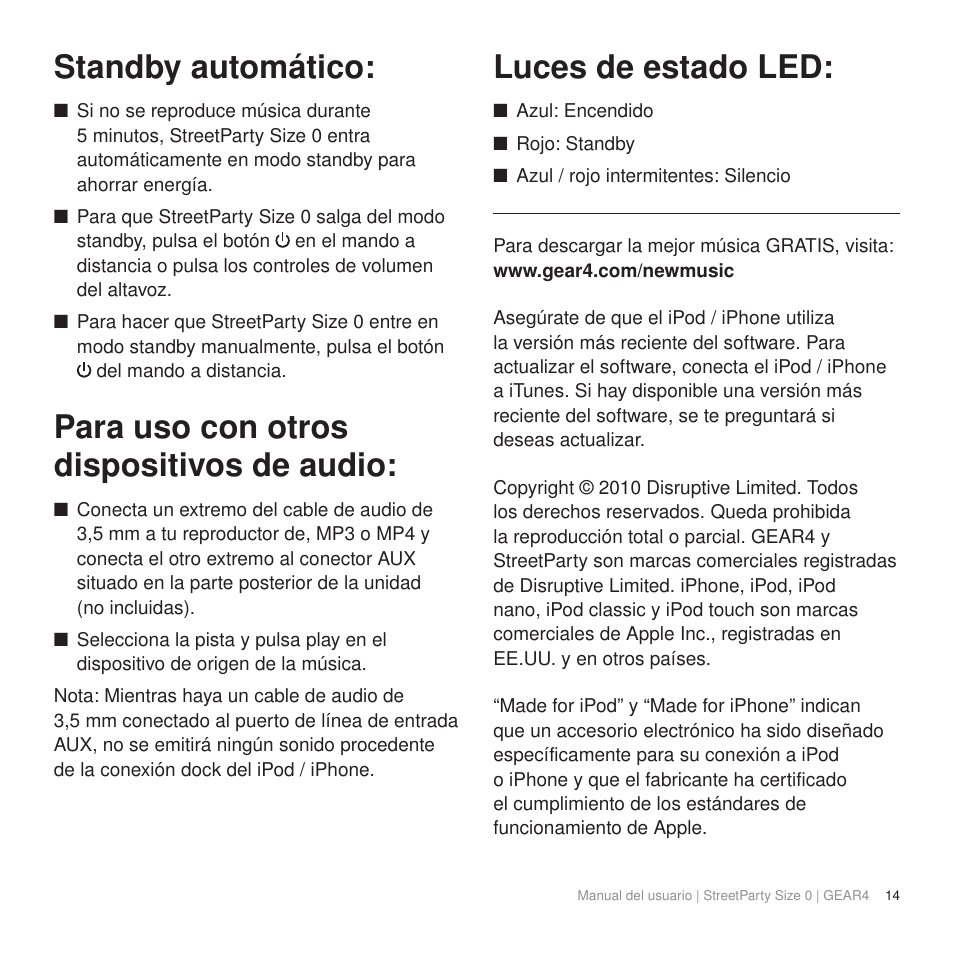 Standby automático, Para uso con otros dispositivos de audio, Luces de estado led | GEAR4 StreetParty Size 0 User Manual | Page 19 / 45