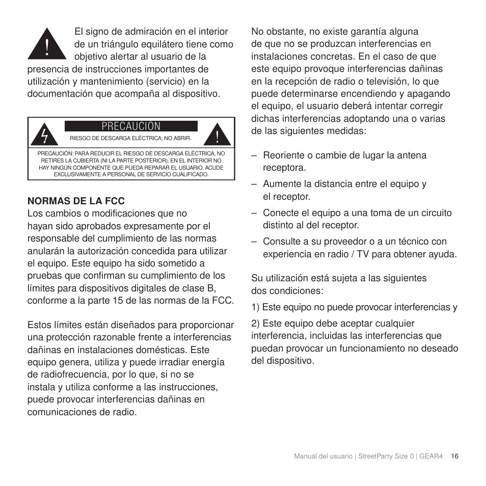 Precaución | GEAR4 StreetParty Size 0 User Manual | Page 21 / 45