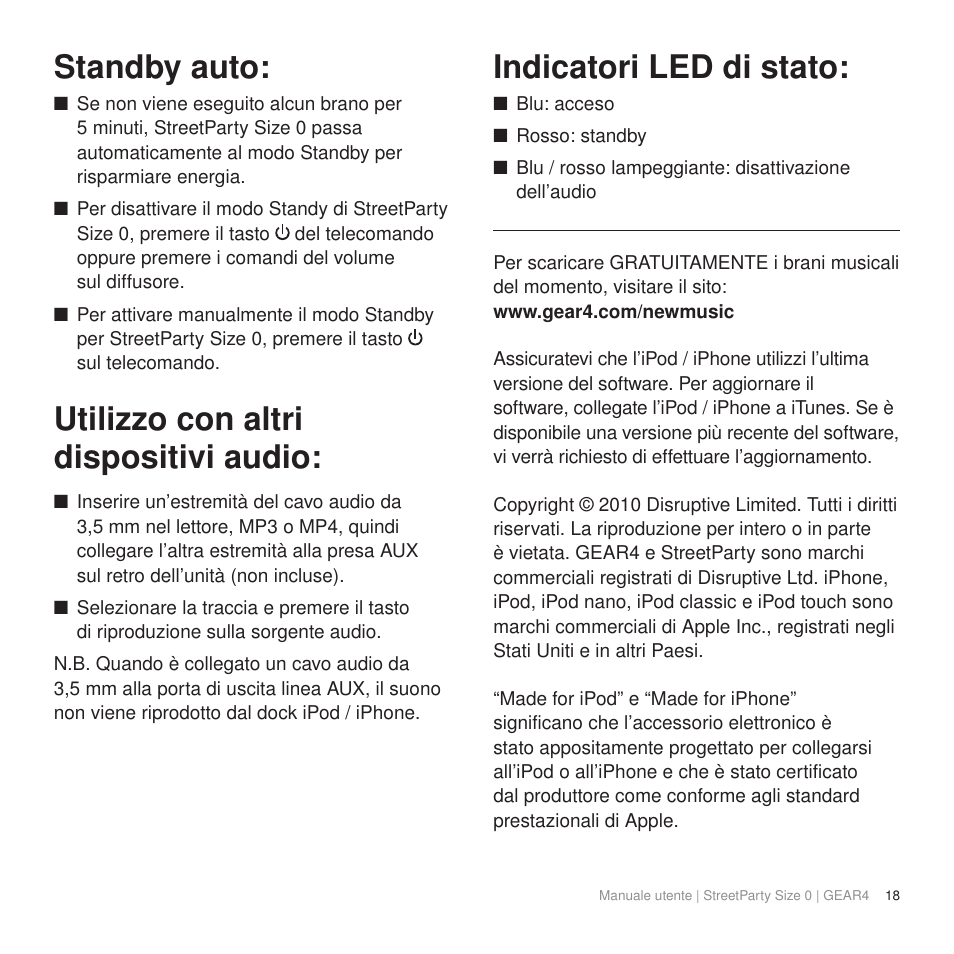 Standby auto, Utilizzo con altri dispositivi audio, Indicatori led di stato | GEAR4 StreetParty Size 0 User Manual | Page 23 / 45