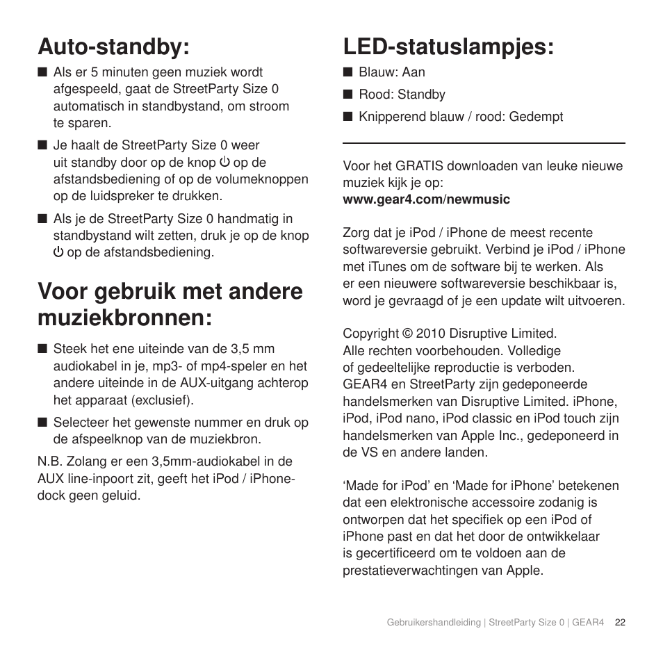 Auto-standby, Voor gebruik met andere muziekbronnen, Led-statuslampjes | GEAR4 StreetParty Size 0 User Manual | Page 27 / 45