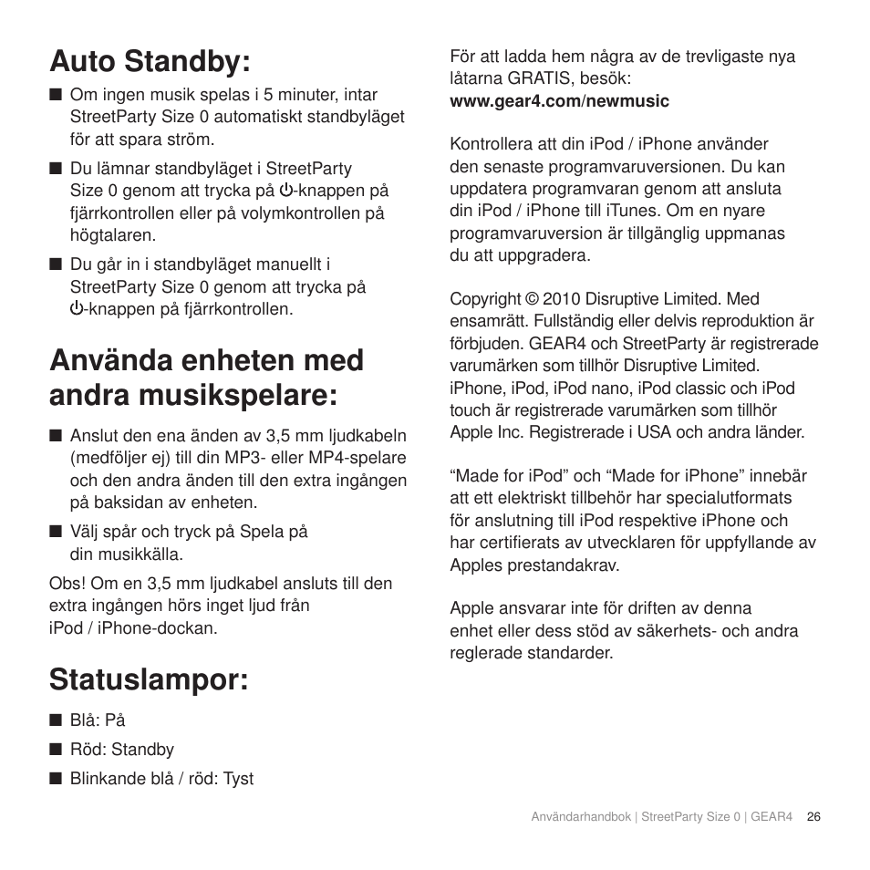 Auto standby, Använda enheten med andra musikspelare, Statuslampor | GEAR4 StreetParty Size 0 User Manual | Page 31 / 45