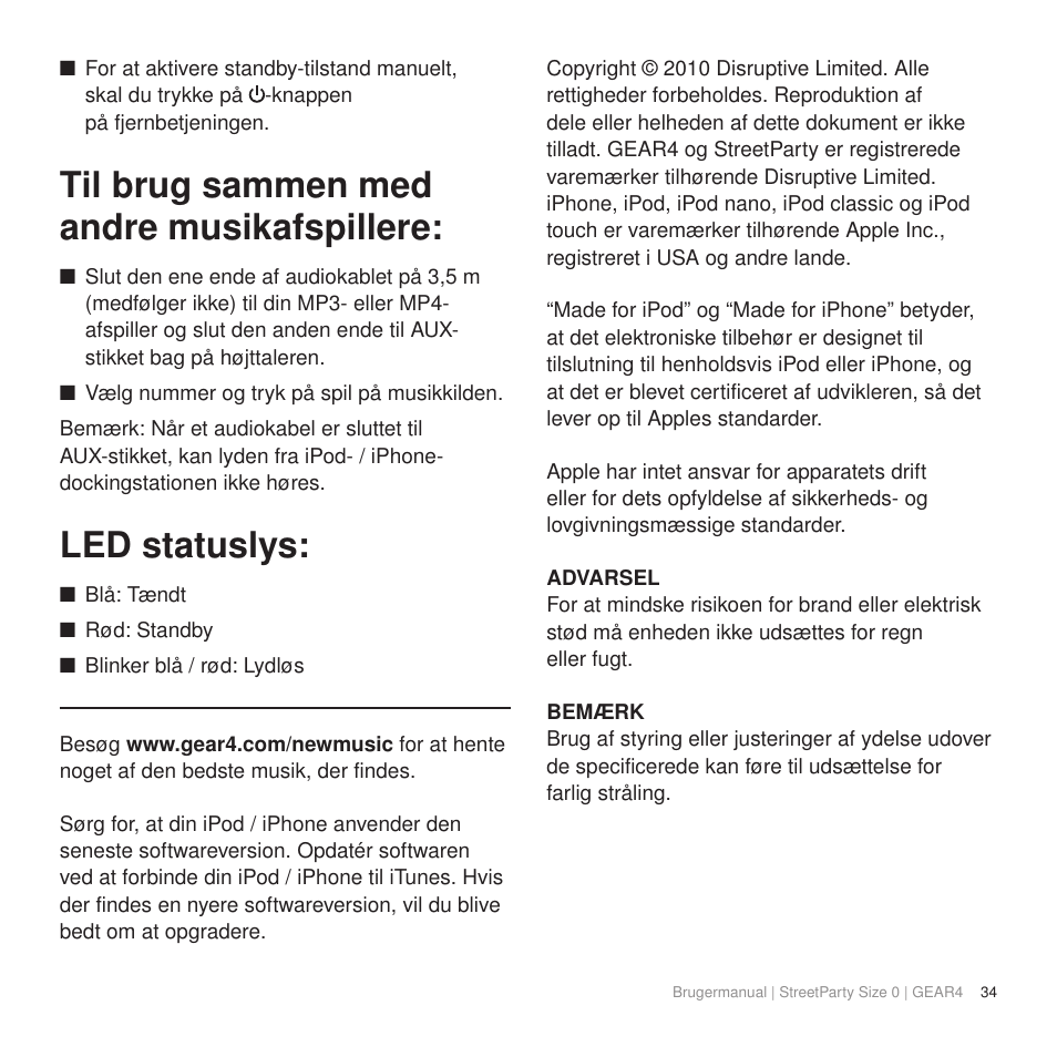 Til brug sammen med andre musikafspillere, Led statuslys | GEAR4 StreetParty Size 0 User Manual | Page 39 / 45